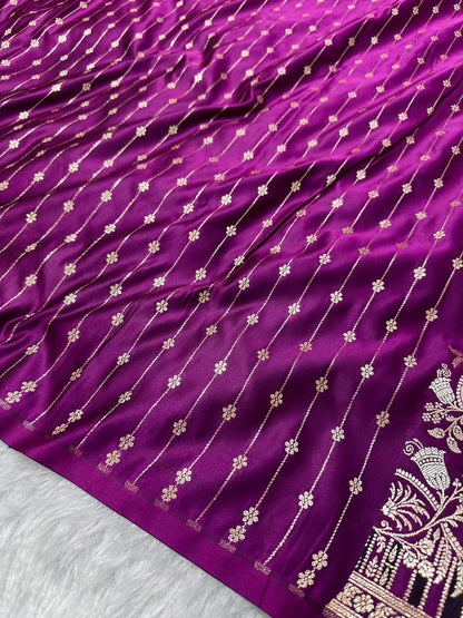 Premium Royal Purple Banarasi Silk Saree With Elegant Double Zari Buti Border