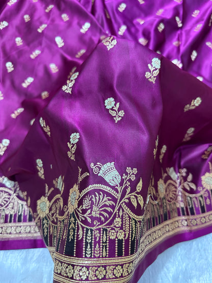 Premium Royal Purple Banarasi Silk Saree With Elegant Double Zari Buti Border