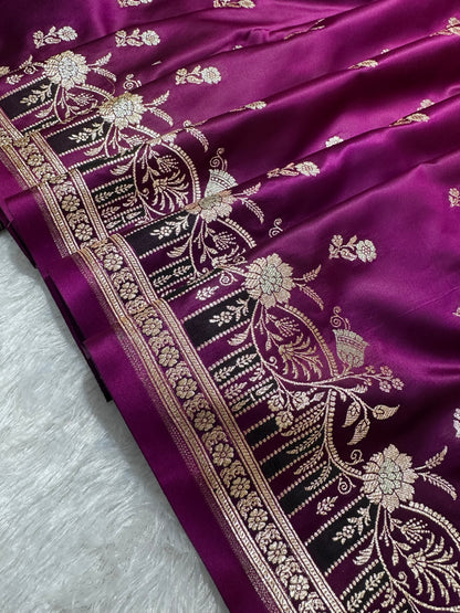 Premium Royal Purple Banarasi Silk Saree With Elegant Double Zari Buti Border