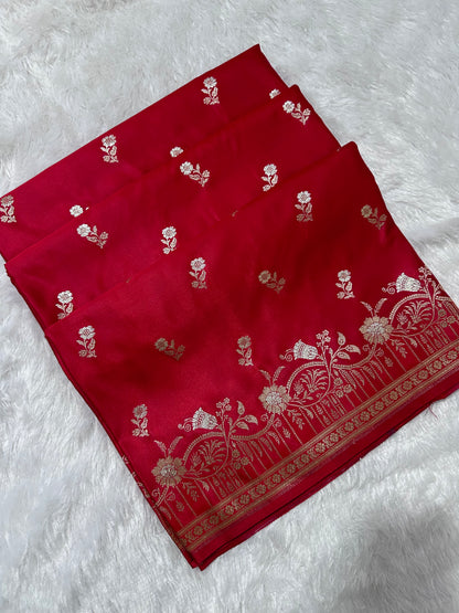 Premium Crimson Red Banarasi Silk Saree With Elegant Double Zari Buti Border