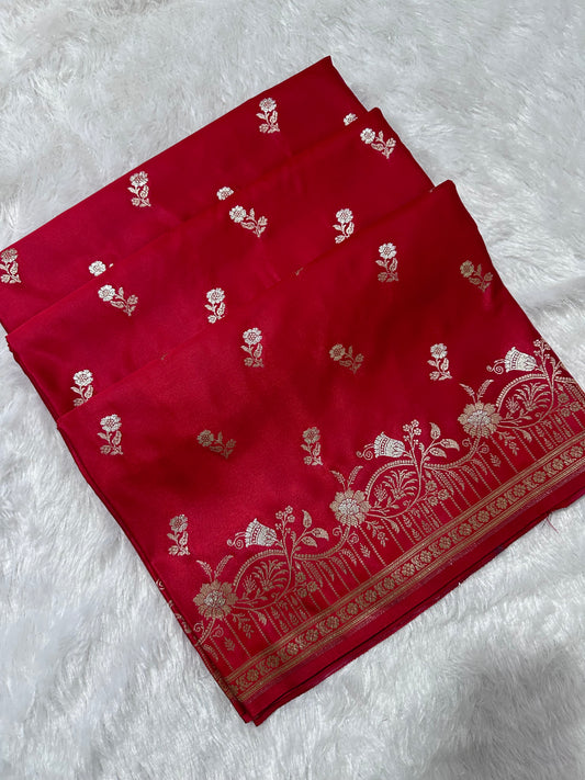 Premium Crimson Red Banarasi Silk Saree With Elegant Double Zari Buti Border