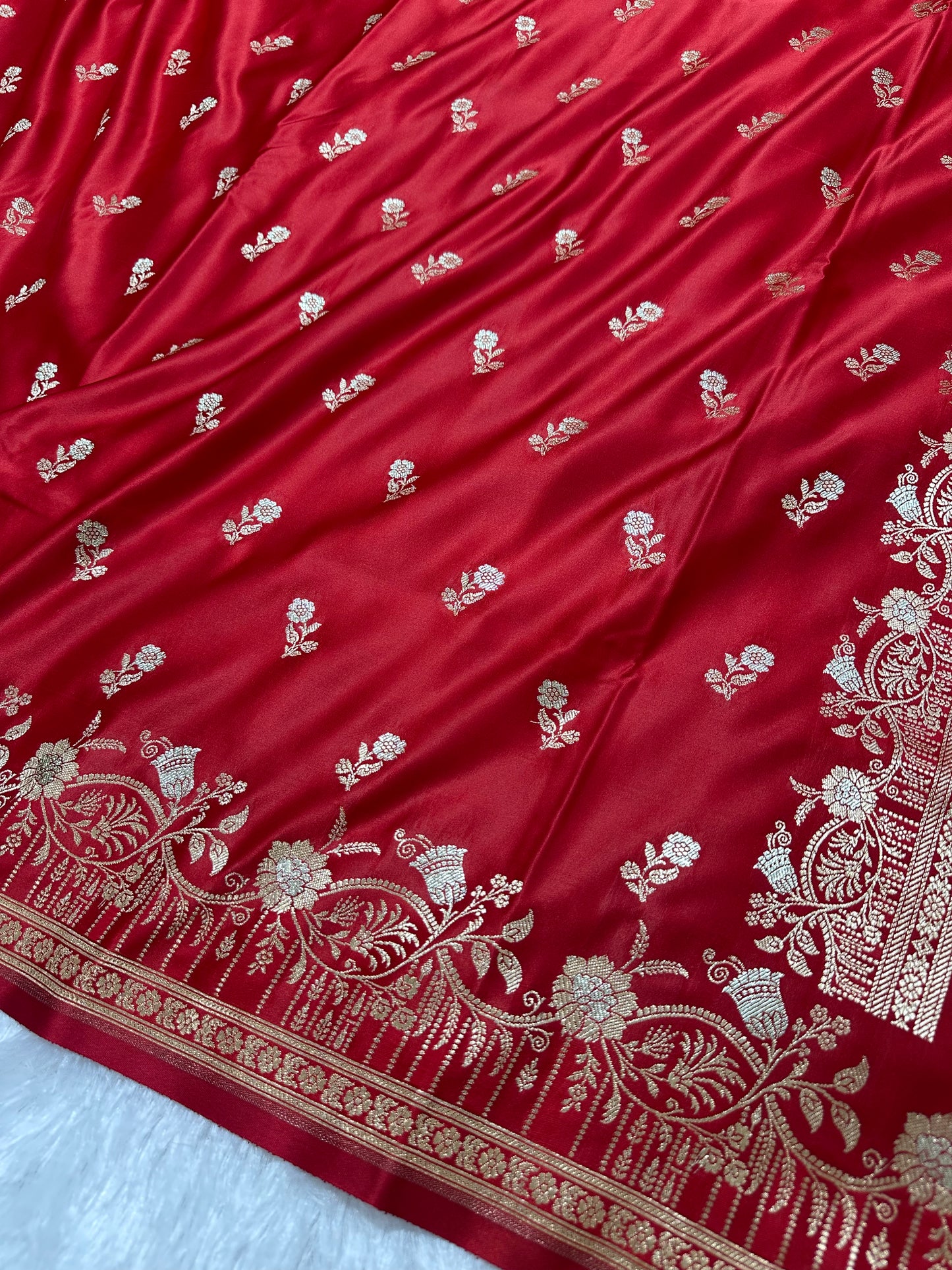 Premium Crimson Red Banarasi Silk Saree With Elegant Double Zari Buti Border