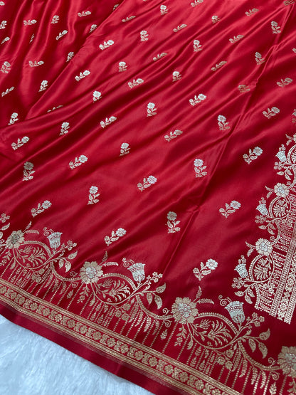 Premium Crimson Red Banarasi Silk Saree With Elegant Double Zari Buti Border