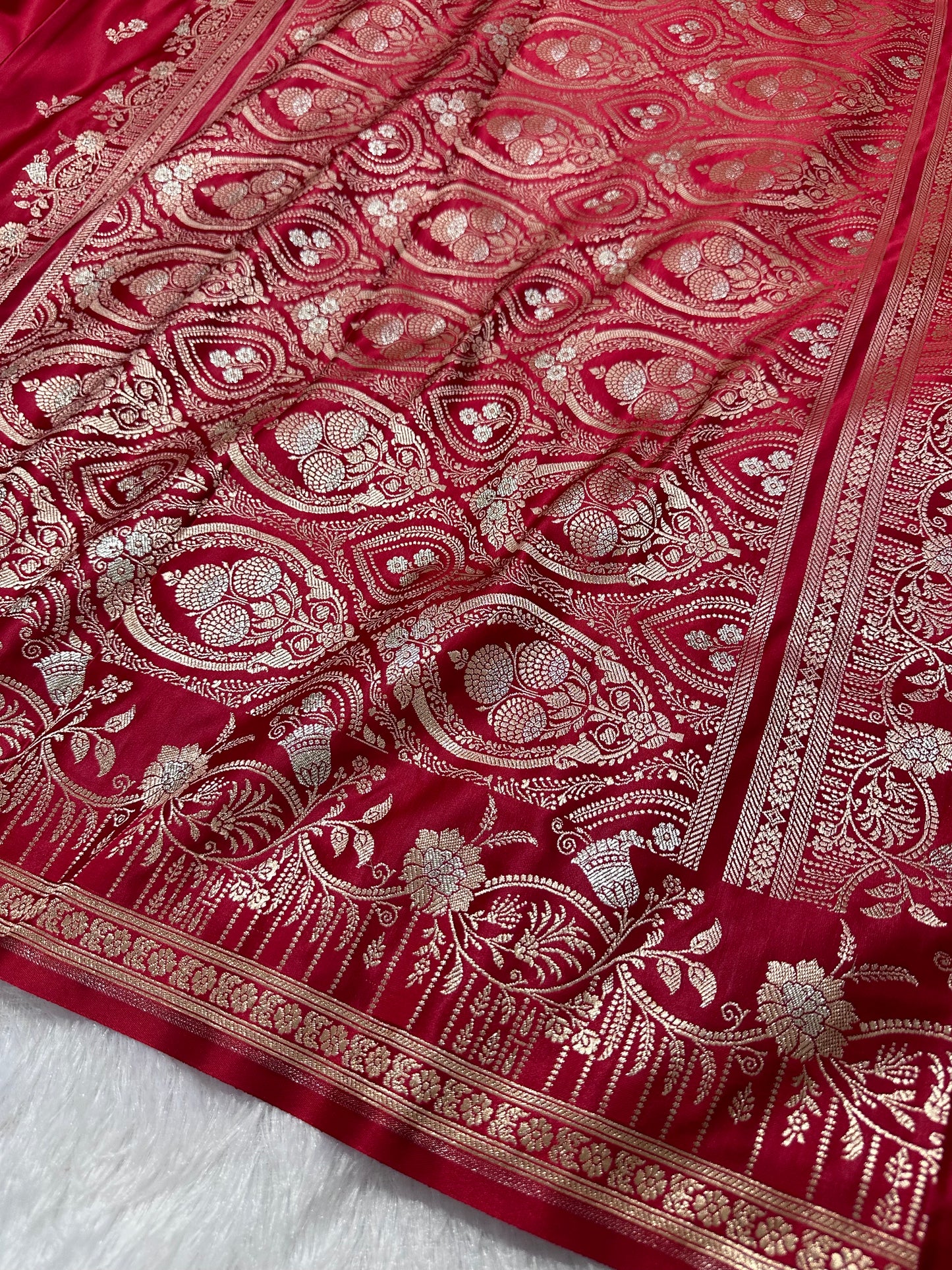 Premium Crimson Red Banarasi Silk Saree With Elegant Double Zari Buti Border