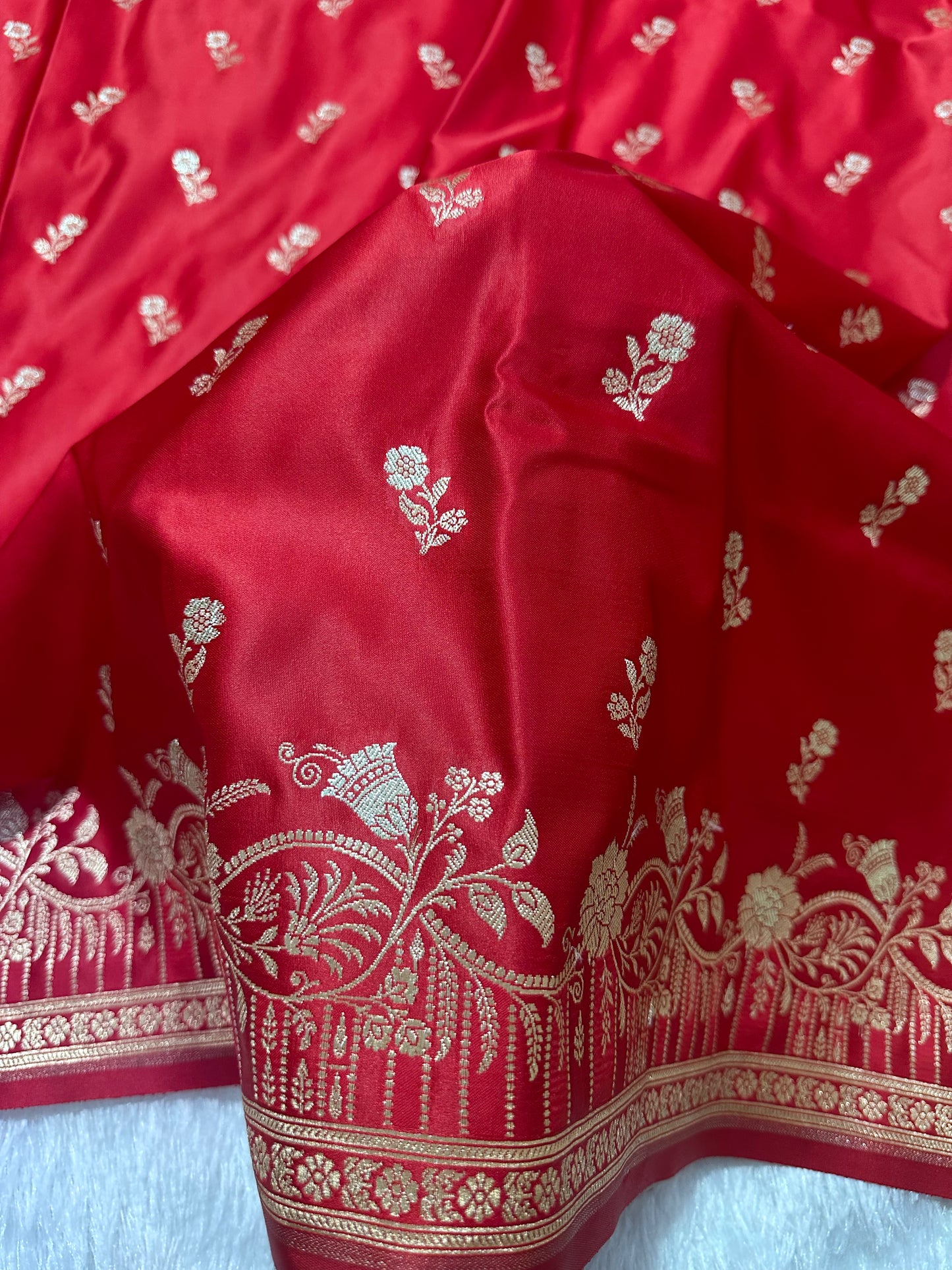 Premium Crimson Red Banarasi Silk Saree With Elegant Double Zari Buti Border