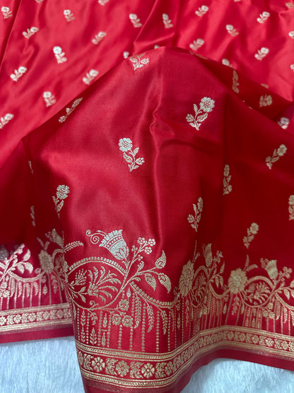 Premium Crimson Red Banarasi Silk Saree With Elegant Double Zari Buti Border