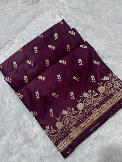 Premium Deep Wine Banarasi Silk Saree With Elegant Double Zari Buti Border&nbsp;