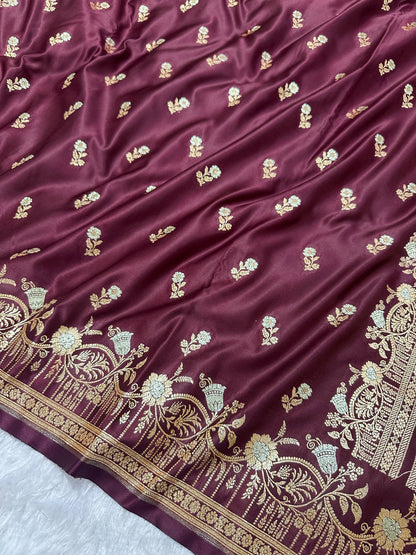 Premium Deep Wine Banarasi Silk Saree With Elegant Double Zari Buti Border&nbsp;