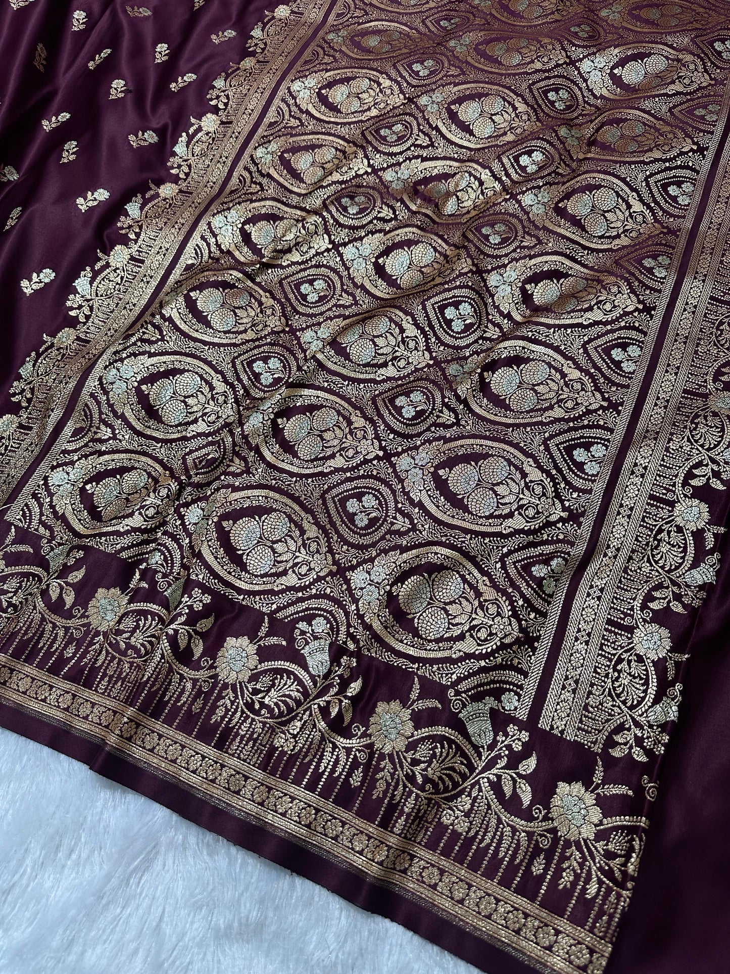 Premium Deep Wine Banarasi Silk Saree With Elegant Double Zari Buti Border&nbsp;
