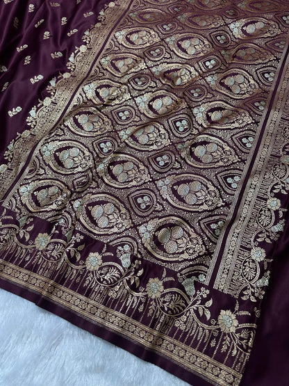 Premium Deep Wine Banarasi Silk Saree With Elegant Double Zari Buti Border&nbsp;