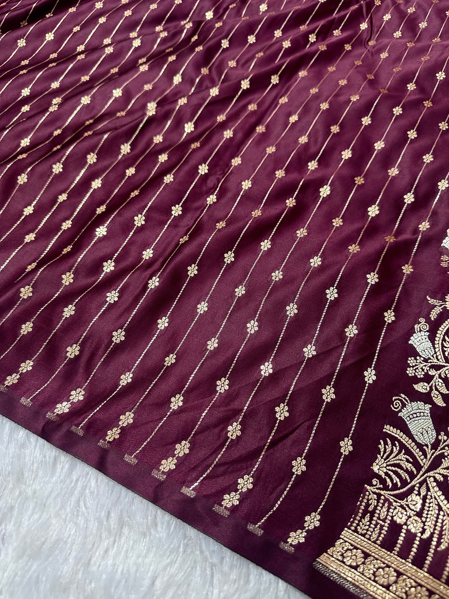 Premium Deep Wine Banarasi Silk Saree With Elegant Double Zari Buti Border&nbsp;