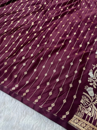 Premium Deep Wine Banarasi Silk Saree With Elegant Double Zari Buti Border&nbsp;