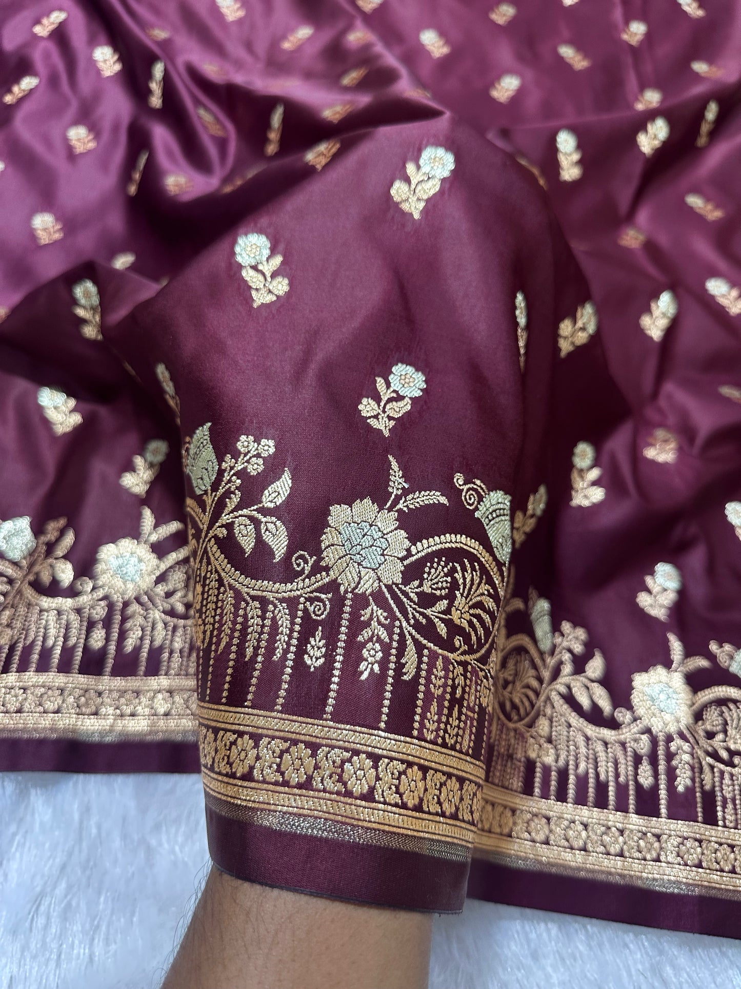 Premium Deep Wine Banarasi Silk Saree With Elegant Double Zari Buti Border&nbsp;
