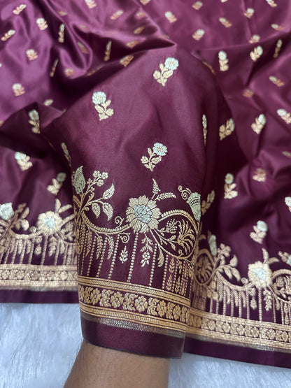 Premium Deep Wine Banarasi Silk Saree With Elegant Double Zari Buti Border&nbsp;