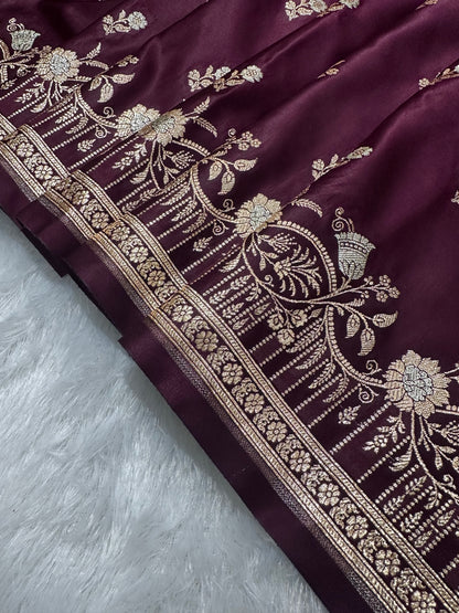 Premium Deep Wine Banarasi Silk Saree With Elegant Double Zari Buti Border&nbsp;