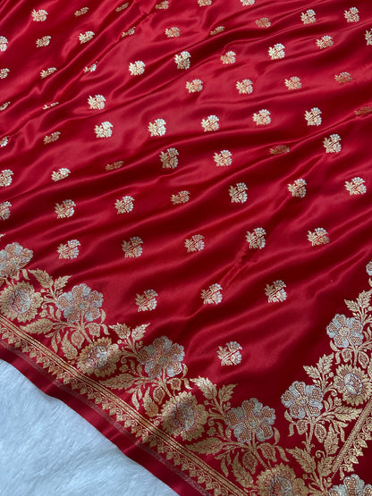 Premium Scarlet Red Banarasi Silk Saree With Elegant Double Zari Buti Border