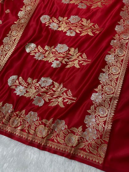 Premium Scarlet Red Banarasi Silk Saree With Elegant Double Zari Buti Border