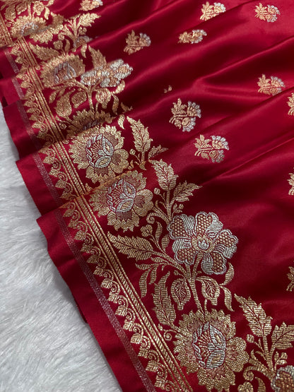 Premium Scarlet Red Banarasi Silk Saree With Elegant Double Zari Buti Border