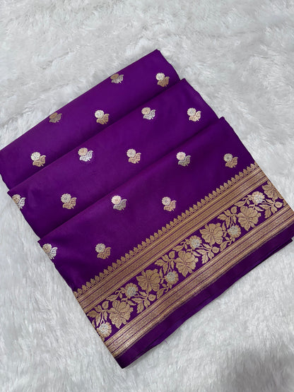 Premium Royal Purple Banarasi Silk Saree With Elegant Double Zari Buti Border&nbsp;