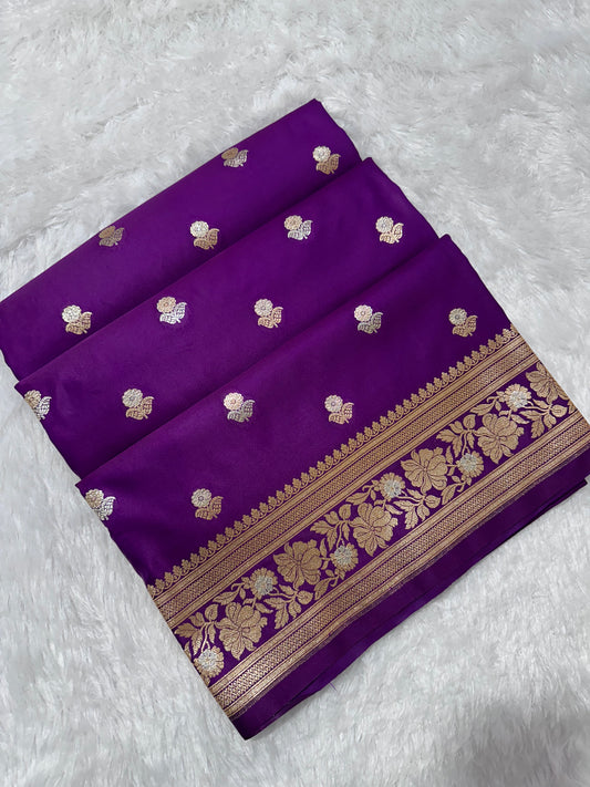 Premium Royal Purple Banarasi Silk Saree With Elegant Double Zari Buti Border&nbsp;