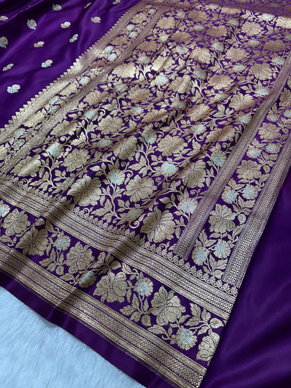 Premium Royal Purple Banarasi Silk Saree With Elegant Double Zari Buti Border&nbsp;