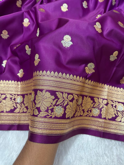 Premium Royal Purple Banarasi Silk Saree With Elegant Double Zari Buti Border&nbsp;