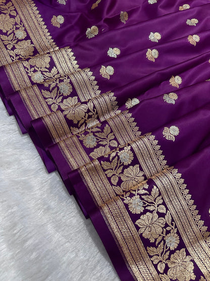 Premium Royal Purple Banarasi Silk Saree With Elegant Double Zari Buti Border&nbsp;
