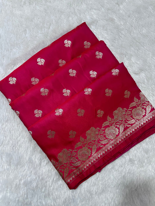 Premium Rani Banarasi Silk Saree With Elegant Double Zari Buti Border