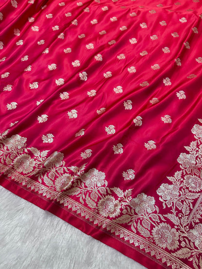 Premium Rani Banarasi Silk Saree With Elegant Double Zari Buti Border