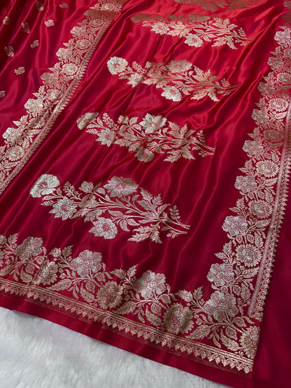 Premium Rani Banarasi Silk Saree With Elegant Double Zari Buti Border