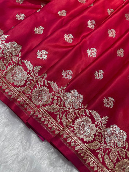 Premium Rani Banarasi Silk Saree With Elegant Double Zari Buti Border