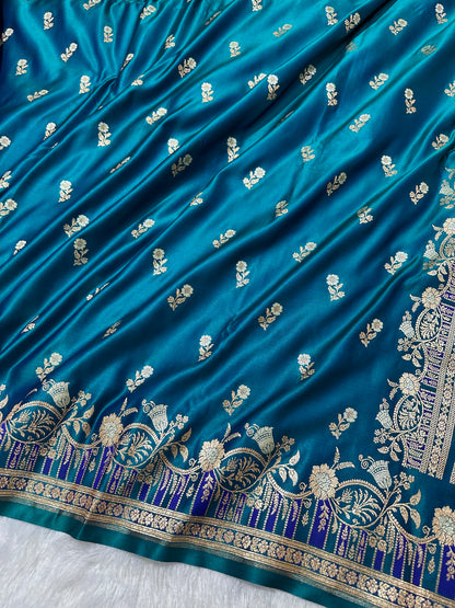 Premium Peacock Blue Silk Saree With Elegant Double Zari Buti Border&nbsp;