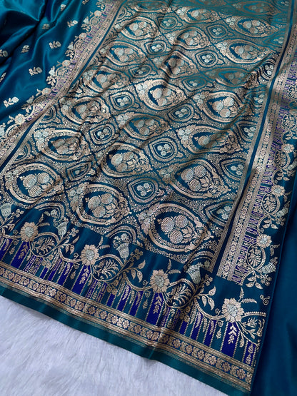 Premium Peacock Blue Silk Saree With Elegant Double Zari Buti Border&nbsp;