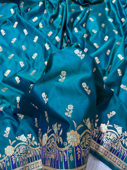 Premium Peacock Blue Silk Saree With Elegant Double Zari Buti Border&nbsp;