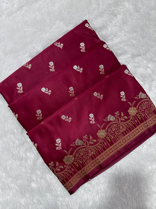Premium Maroon Silk Saree With Elegant Double Zari Buti Border