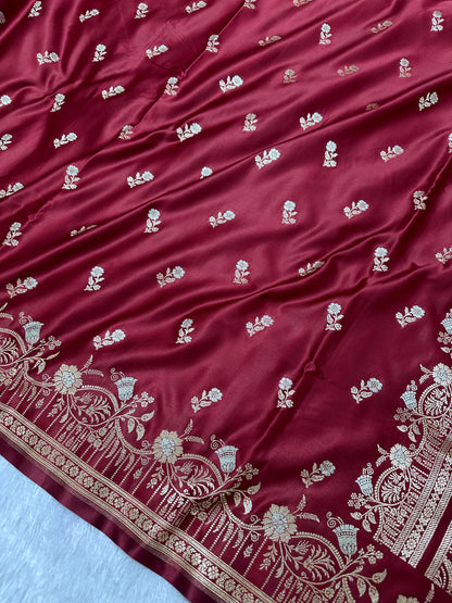 Premium Maroon Silk Saree With Elegant Double Zari Buti Border