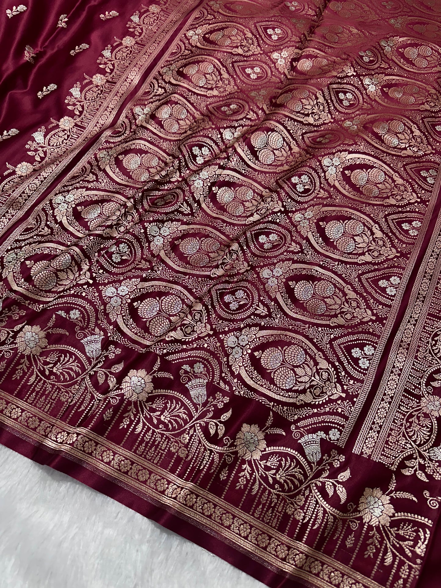 Premium Maroon Silk Saree With Elegant Double Zari Buti Border
