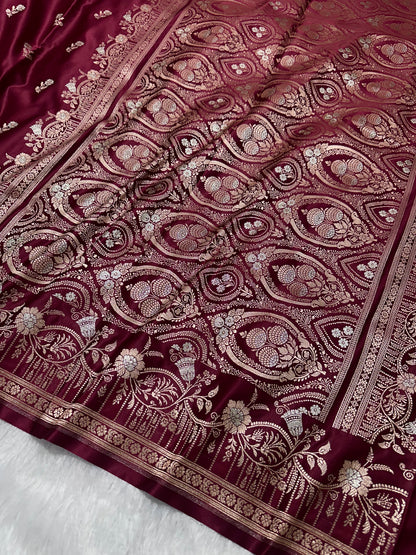 Premium Maroon Silk Saree With Elegant Double Zari Buti Border