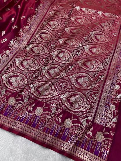 Premium Magenta Silk Saree With Elegant Double Zari Buti Border