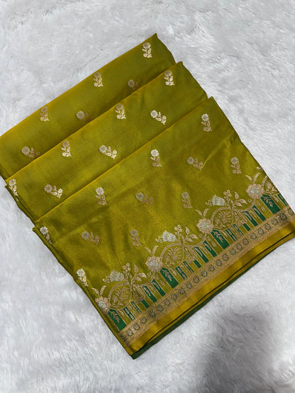 Premium Mehndi Green Banarasi Silk Saree With Elegant Double Zari Buti Border