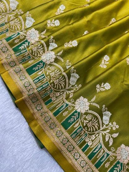 Premium Mehndi Green Banarasi Silk Saree With Elegant Double Zari Buti Border