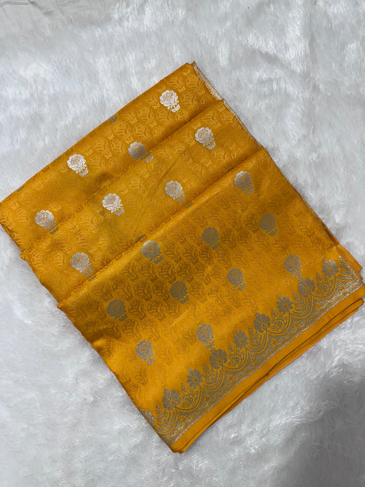 Premium Yellow Katan Banarasi Silk Saree with Silver Zari Floral Buta – Traditional Wedding & Festive Wear