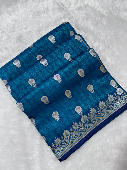 Premium Firozi Katan Banarasi Silk Saree with Silver Zari Floral Buta – Traditional Wedding & Festive Wear