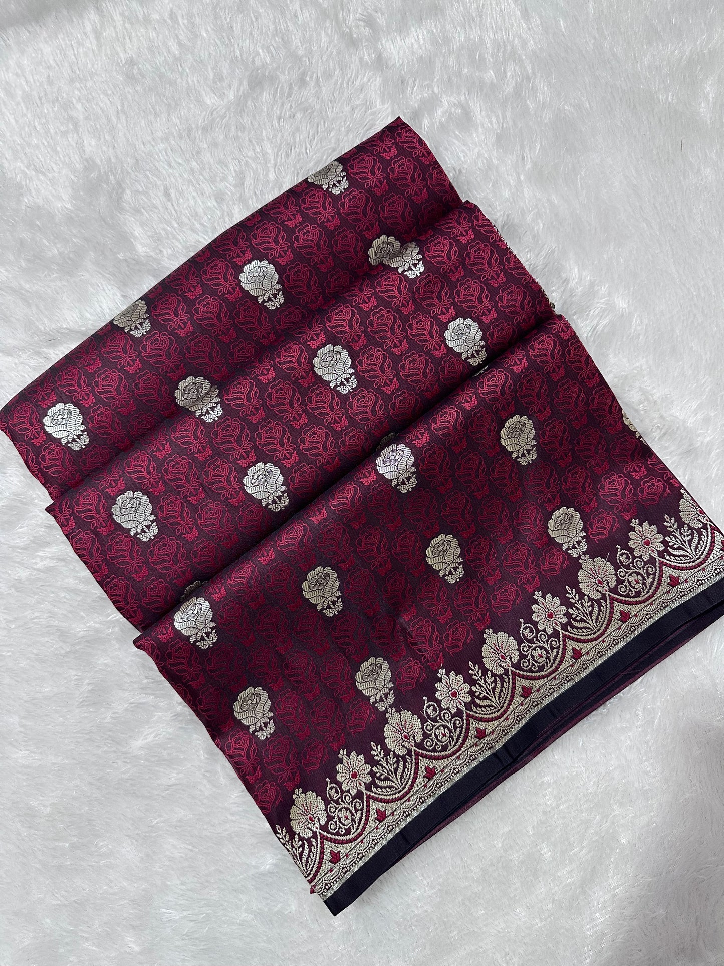 Premium Deep Wine Katan Banarasi Silk Saree with Silver Zari Floral Buta – Traditional Wedding & Festive Wear