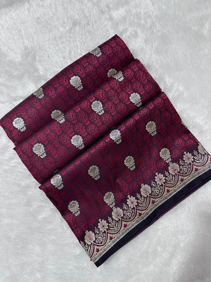 Premium Deep Wine Katan Banarasi Silk Saree with Silver Zari Floral Buta – Traditional Wedding & Festive Wear