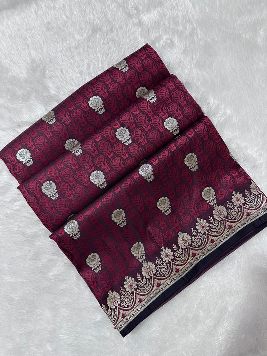 Premium Deep Wine Katan Banarasi Silk Saree with Silver Zari Floral Buta – Traditional Wedding & Festive Wear