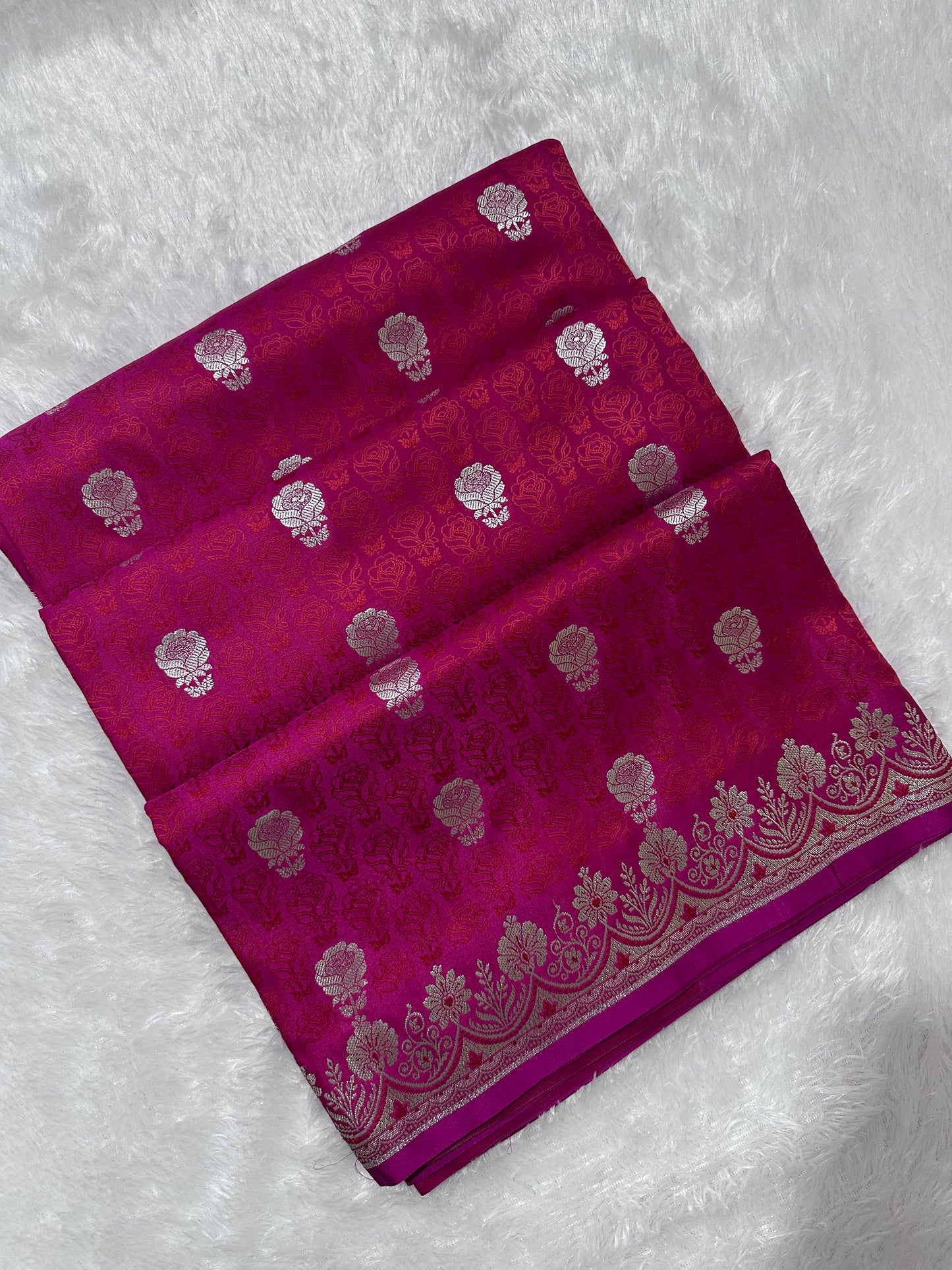 Premium Rose Pink Katan Banarasi Silk Saree with Silver Zari Floral Buta – Traditional Wedding & Festive Wear