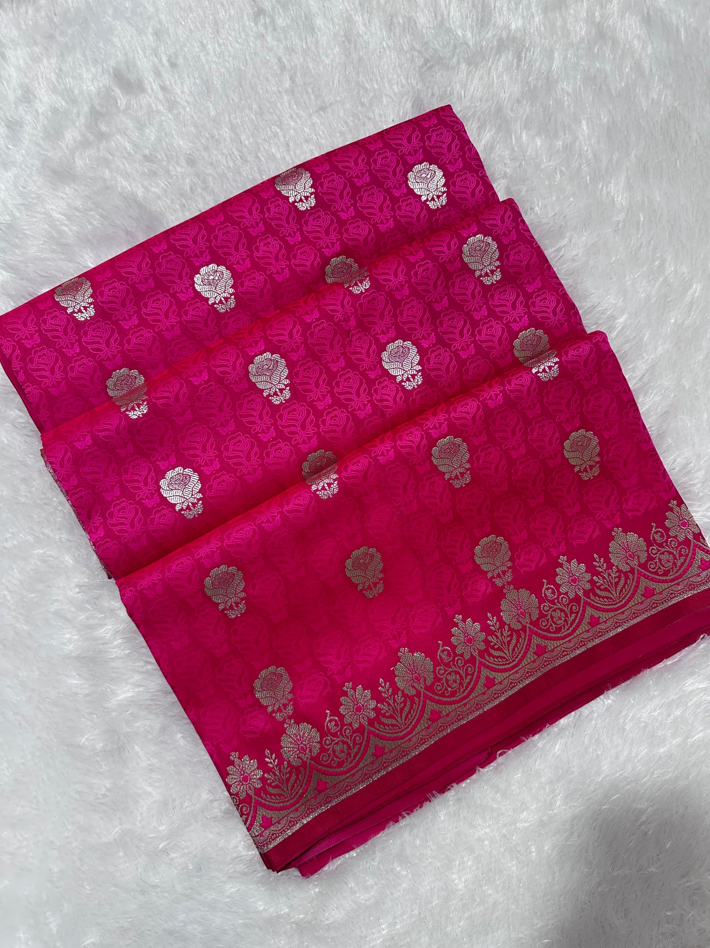 Premium Rani Katan Banarasi Silk Saree with Silver Zari Floral Buta – Traditional Wedding & Festive Wear
