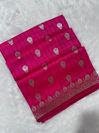 Premium Rani Katan Banarasi Silk Saree with Silver Zari Floral Buta – Traditional Wedding & Festive Wear