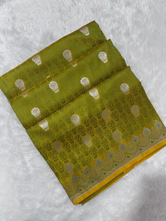 Premium Lime Green Katan Banarasi Silk Saree with Silver Zari Floral Buta – Traditional Wedding & Festive Wear